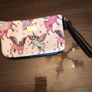 Betsey Johnson Colorful Winged Unicorn Pug Dog Print Wristlet